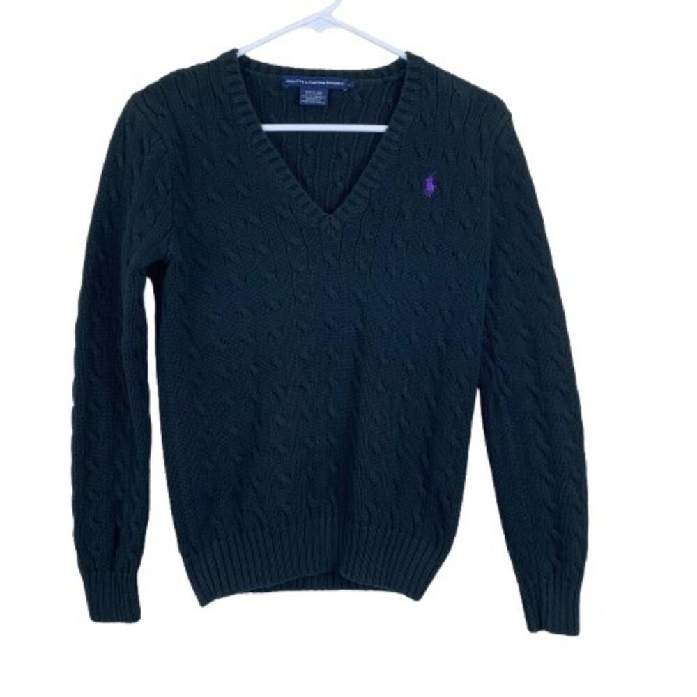 Ralph Lauren Sport Purple Polo Pony Cableknit V‑Neck Sweater Large Preppy